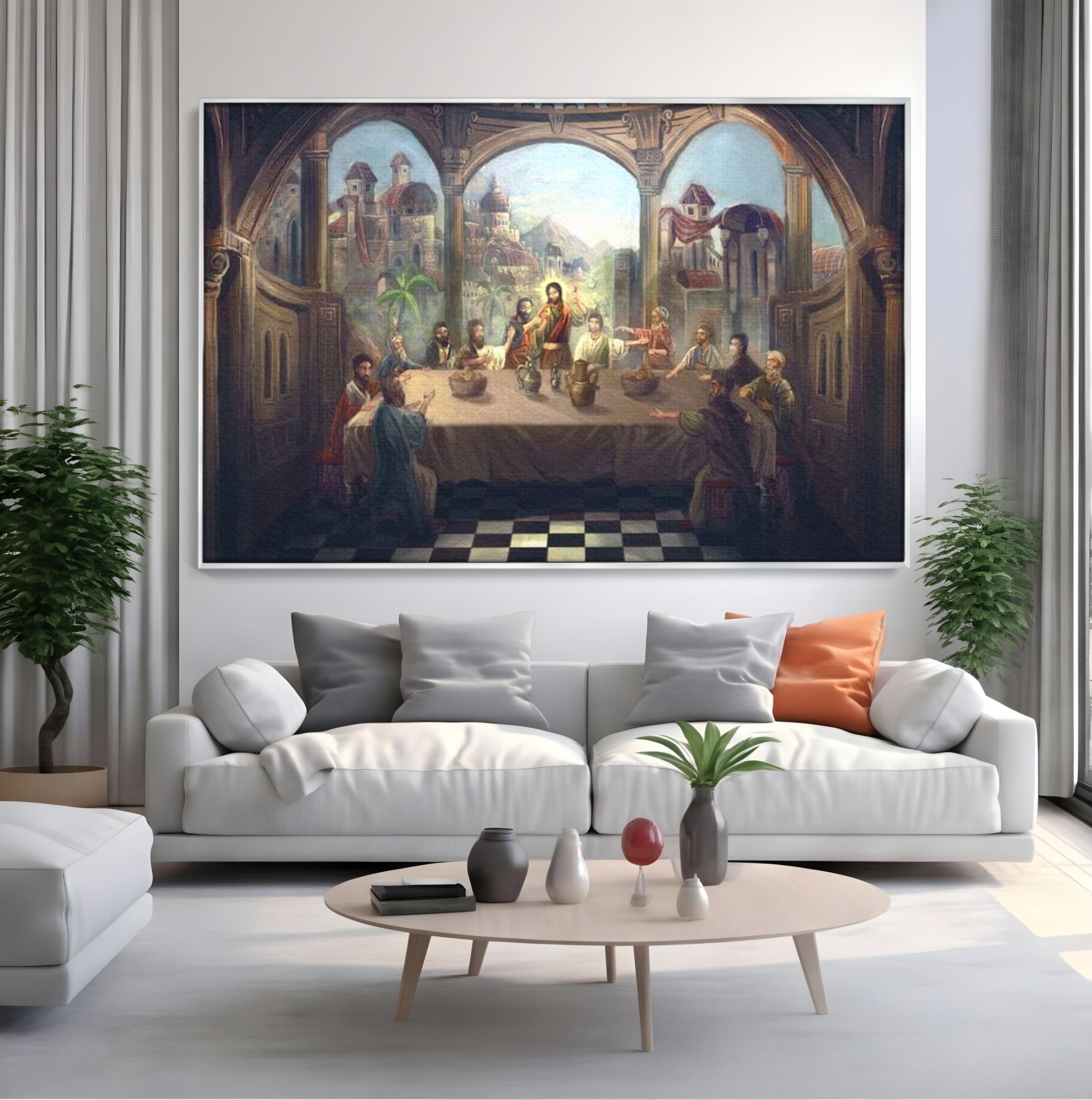 Tablou canvas cu tablou canvas cina cea de taina, in rama de aluminiu argintiu, pe perete intr-un living